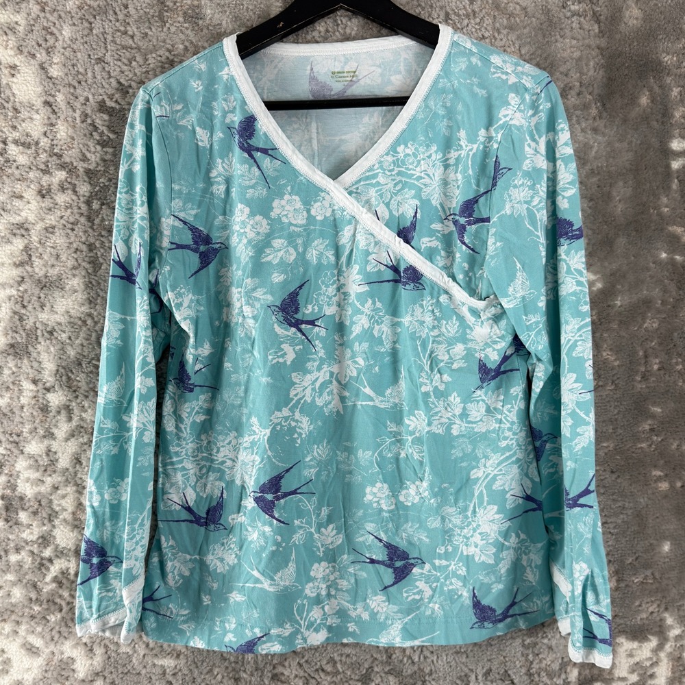 Garnet Hill Size S Bird Floral Print Faux Wrap Top Teal Long Sleeve Women